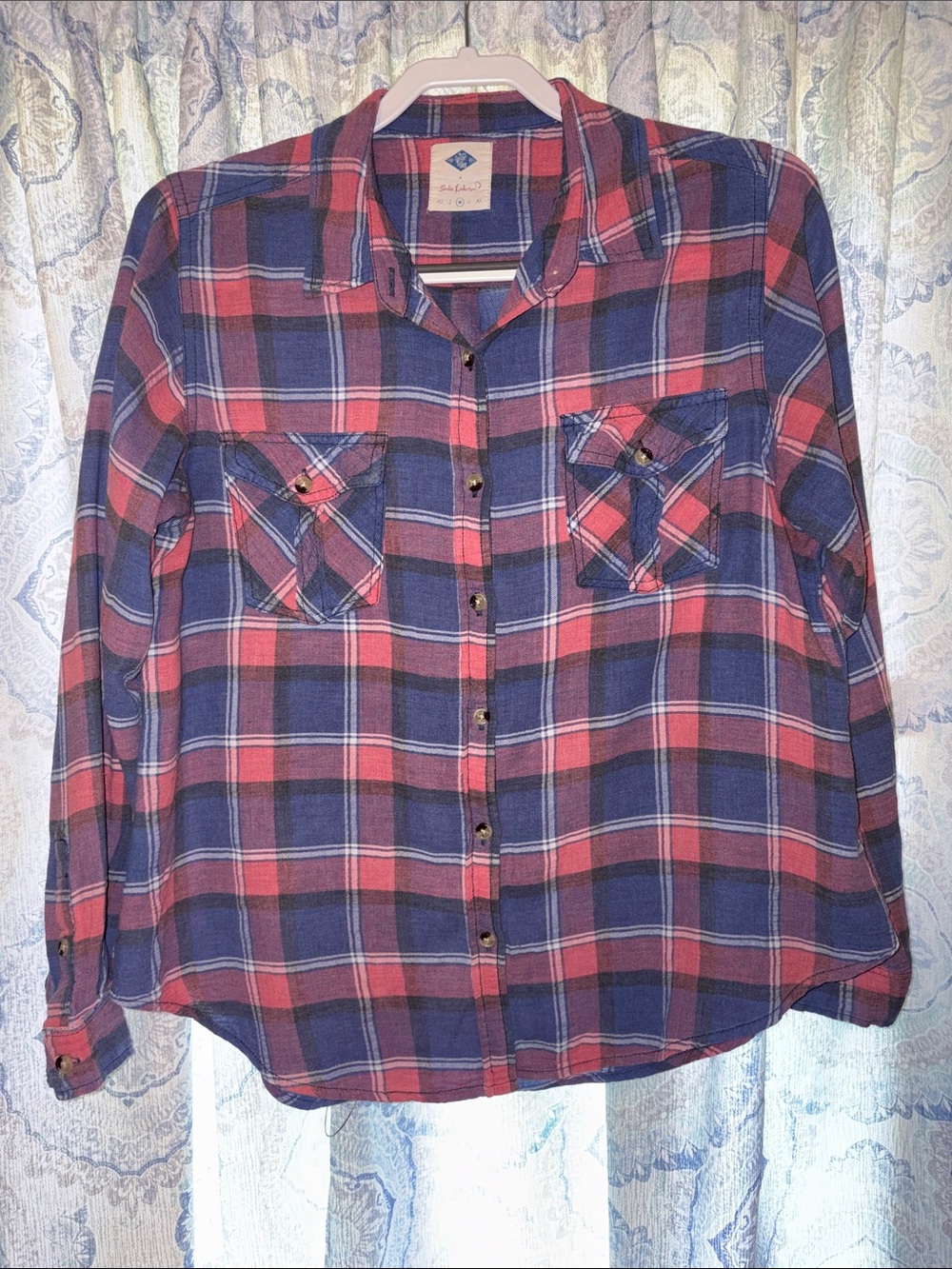 Women’s Plaid Button-Down Shirt - Blue & Red
